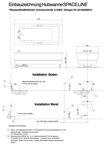 Einbauzeichnung TR Elektro Hubwanne Spaceline mit extra breitem Wannenkörper