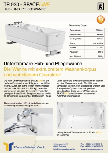 Prospekt TR Elektro Hubwanne Spaceline mit extra breitem Wannenkörper