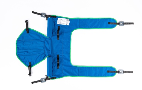 Draufsicht Aussen Toilettengurt mit Kopfstütze aus Polyester Farbe blau mit Clipaufnahme