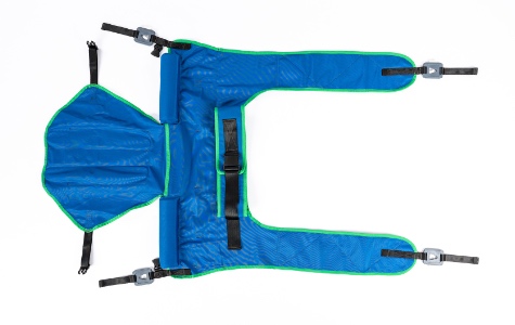 Draufsicht Innen Toilettengurt mit Kopfstütze aus Polyester Farbe blau mit Clipaufnahme