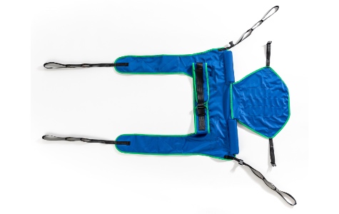 Draufsicht Innen Toilettengurt mit Kopfstütze aus Polyester Farbe blau mit Schlaufenaufnahme